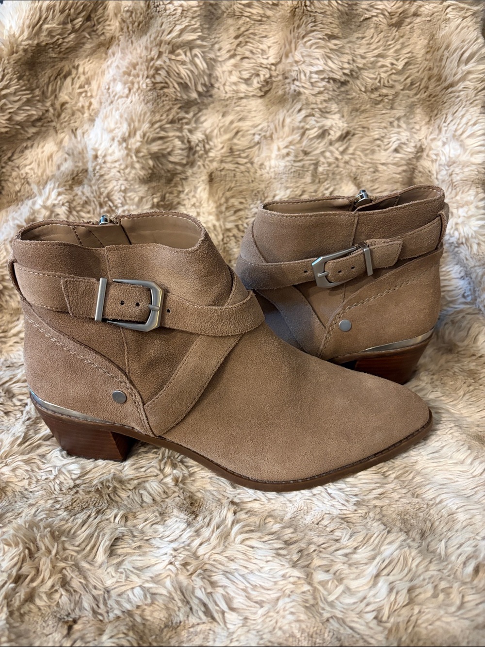 ESSEX LANE LEATHER SUEDE HARNESS ANKLE BOOTS TAUPE WESTERN BUCKLE SIZE 8.5